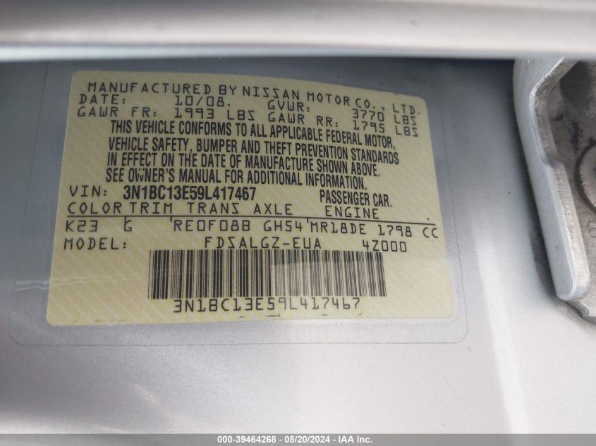 2009 Nissan Versa 1.8Sl VIN: 3N1BC13E59L417467 Lot: 39464268