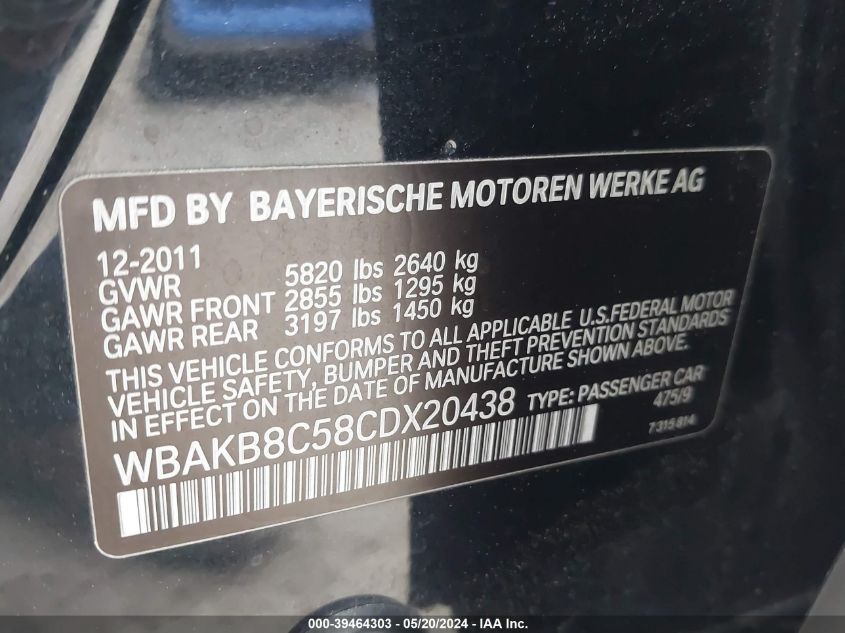 2012 BMW 750Li VIN: WBAKB8C58CDX20438 Lot: 39464303