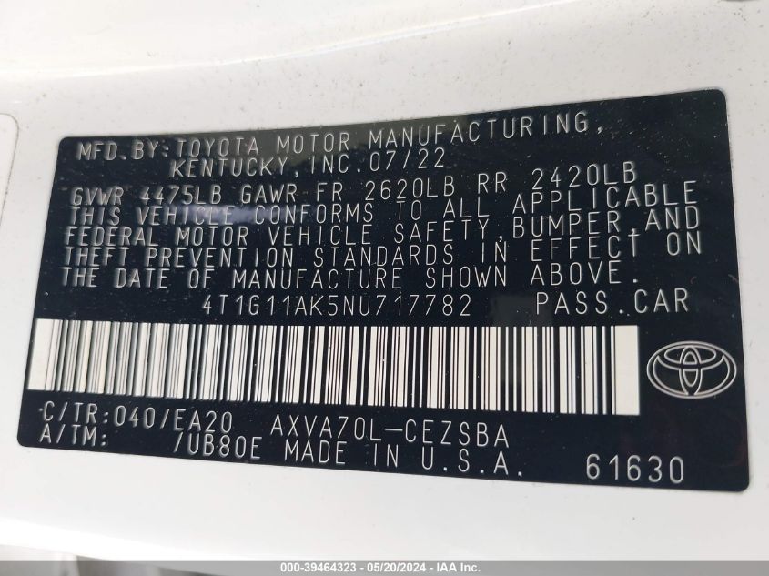 2022 Toyota Camry Se/Se Night Shade VIN: 4T1G11AK5NU717782 Lot: 39464323