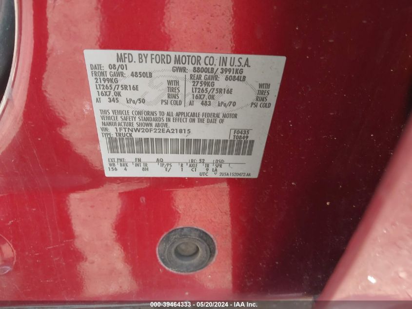 2002 Ford F-250 Lariat/Xl/Xlt VIN: 1FTNW20F22EA21815 Lot: 39464333
