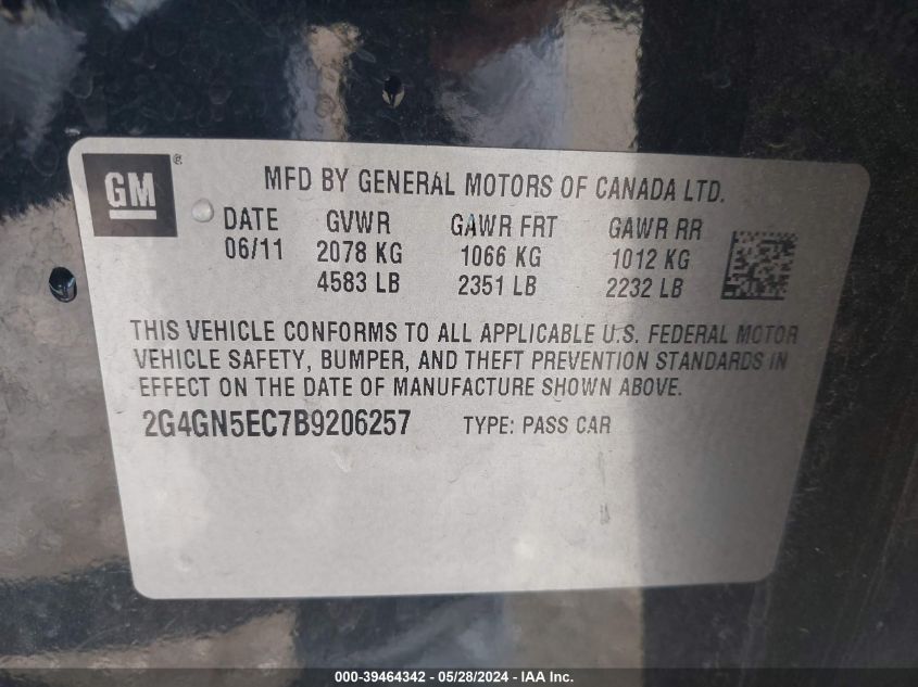 2011 Buick Regal Cxl Oshawa VIN: 2G4GN5EC7B9206257 Lot: 39464342