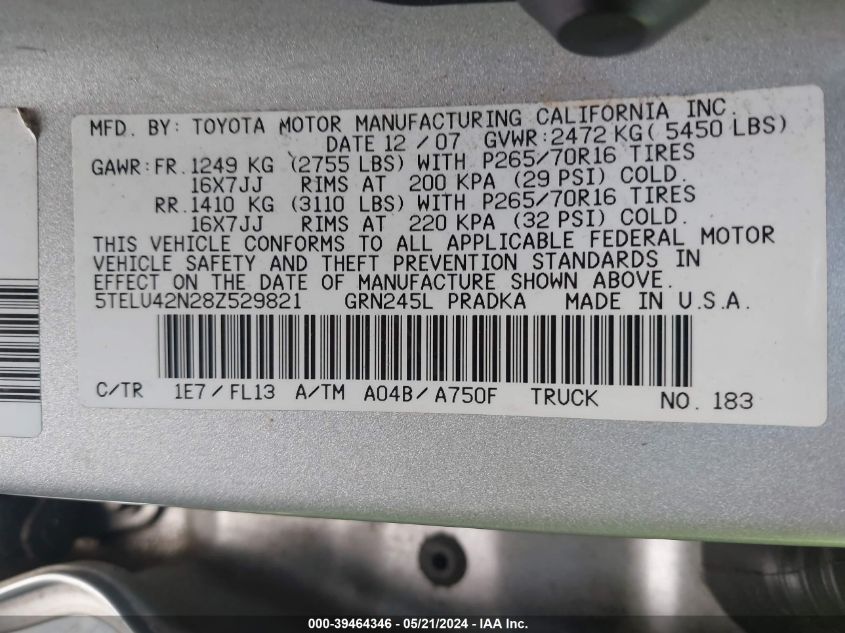 2008 Toyota Tacoma Base V6 VIN: 5TELU42N28Z529821 Lot: 39464346