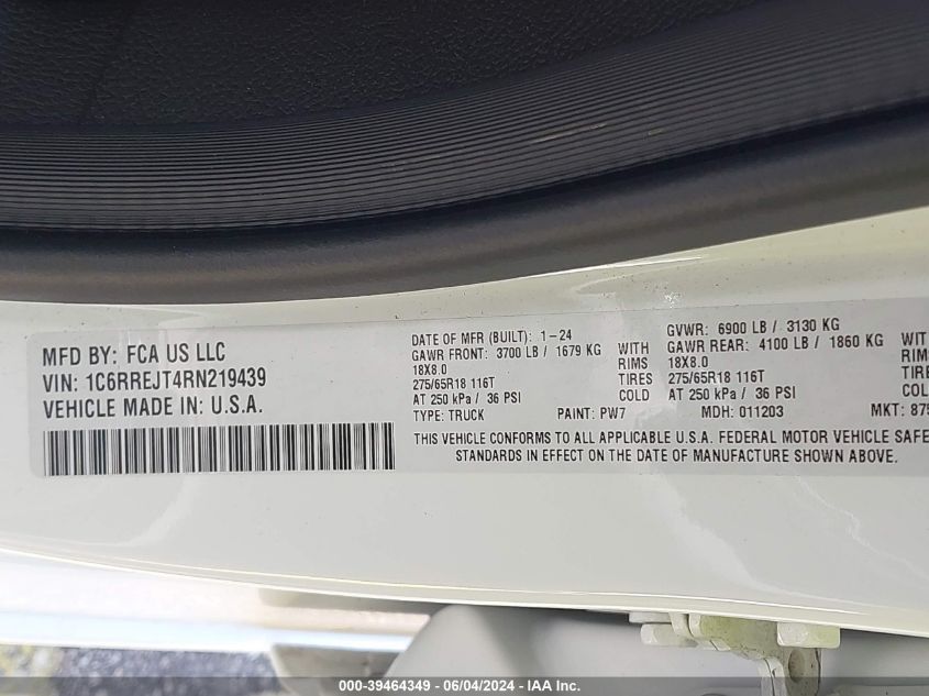 2024 Ram 1500 Laramie 4X2 5'7 Box VIN: 1C6RREJT4RN219439 Lot: 39464349