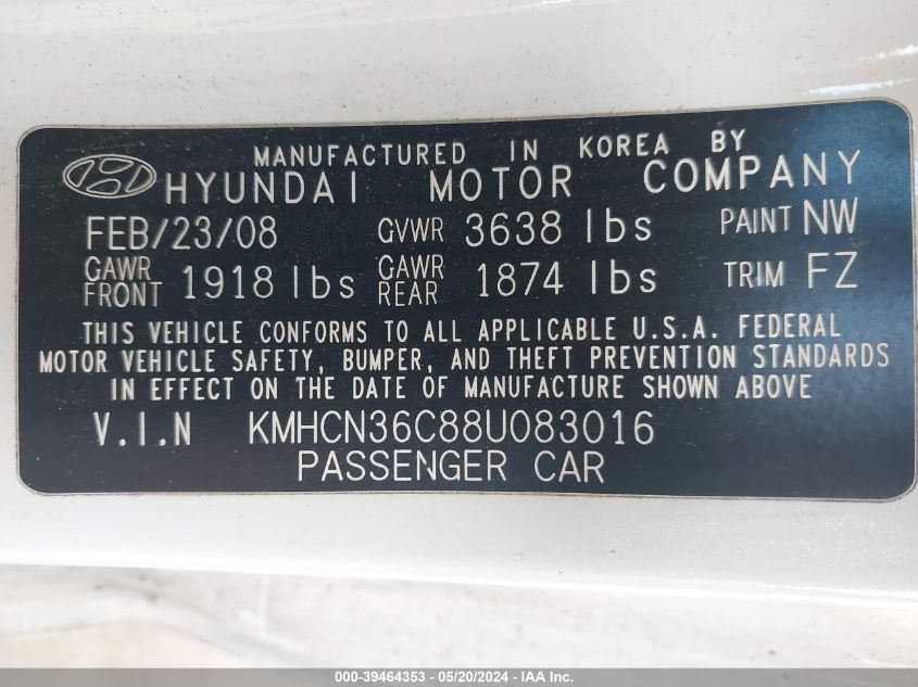 2008 Hyundai Accent Se VIN: KMHCN36C88U083016 Lot: 39464353