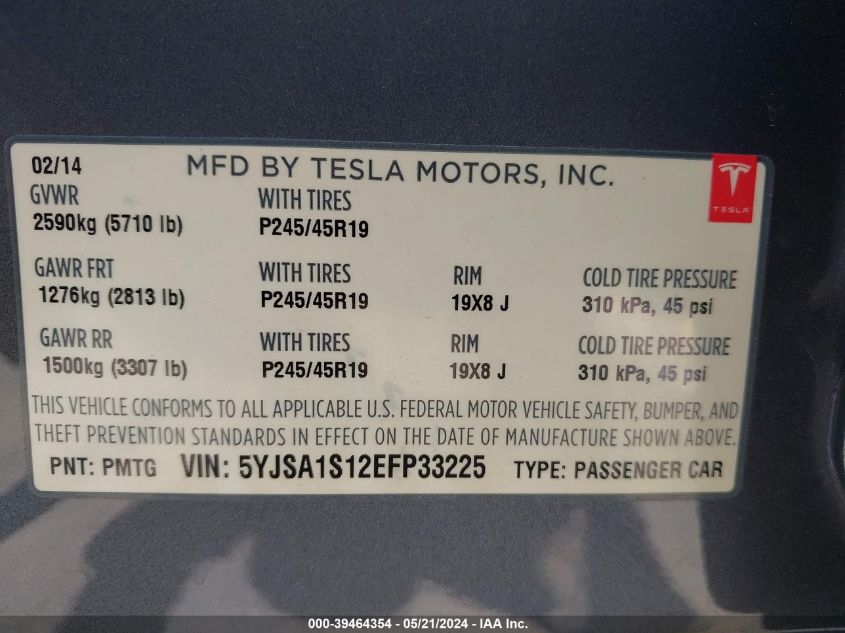 2014 Tesla Model S VIN: 5YJSA1S12EFP33225 Lot: 39464354