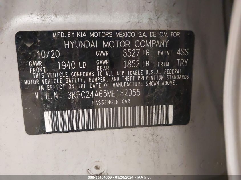 2021 Hyundai Accent Se VIN: 3KPC24A65ME132055 Lot: 39464359