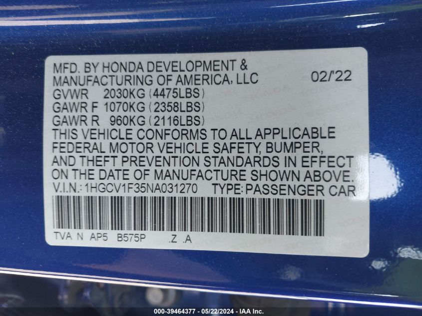 2022 Honda Accord Sport VIN: 1HGCV1F35NA031270 Lot: 39464377