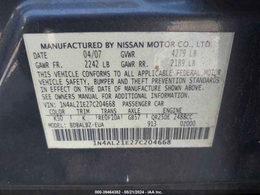 2007 Nissan Altima 2.5 S VIN: 1N4AL21E27C204668 Lot: 39464382