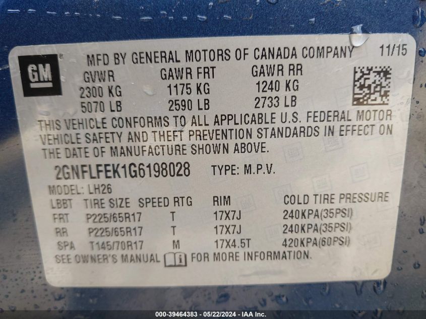 2016 Chevrolet Equinox Lt VIN: 2GNFLFEK1G6198028 Lot: 39464383