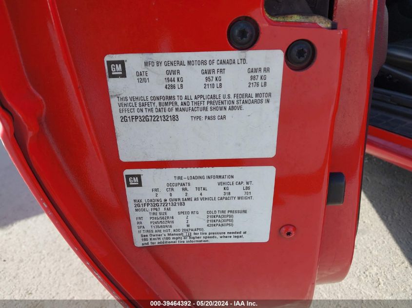 2002 Chevrolet Camaro Z28 VIN: 2G1FP32G722132183 Lot: 39464392