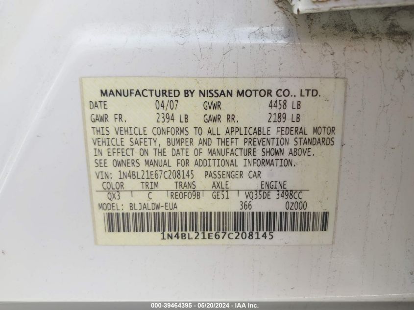 2007 Nissan Altima 3.5 Se VIN: 1N4BL21E67C208145 Lot: 39464395
