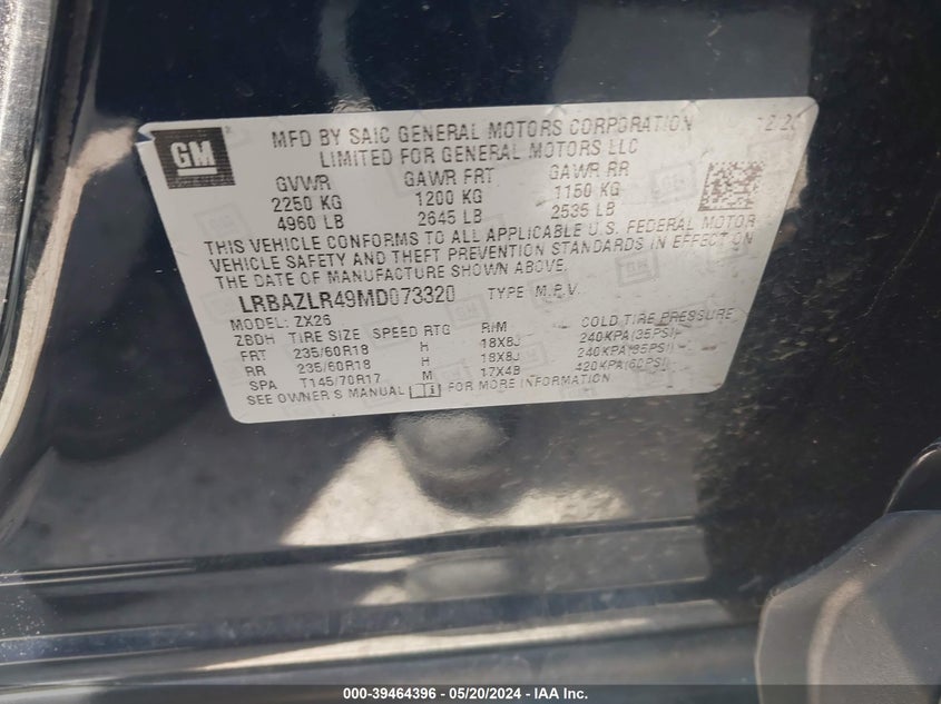 VIN LRBAZLR49MD073320 2021 BUICK ENVISION FWD PREFERRED