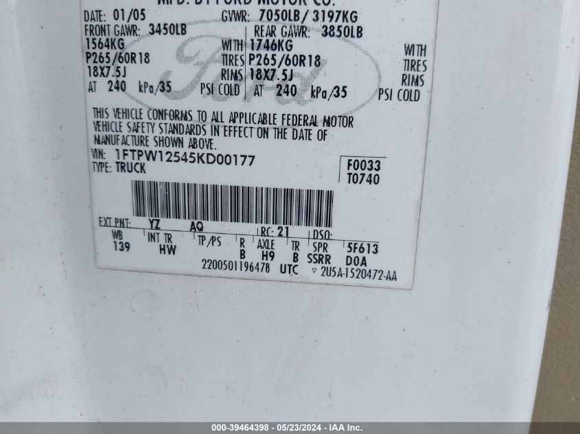 2005 Ford F-150 Lariat/Xlt VIN: 1FTPW12545KD00177 Lot: 39464398