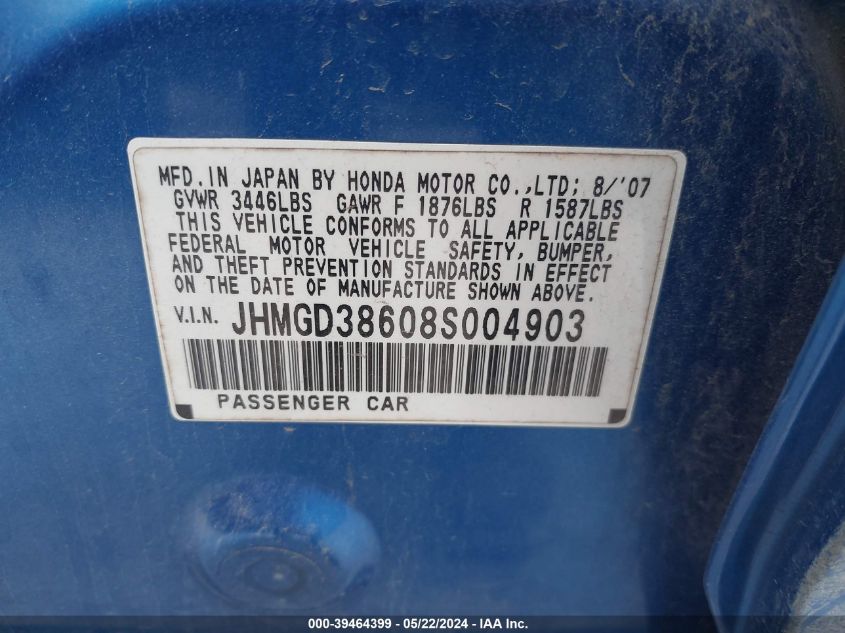 2008 Honda Fit Sport VIN: JHMGD38608S004903 Lot: 39464399