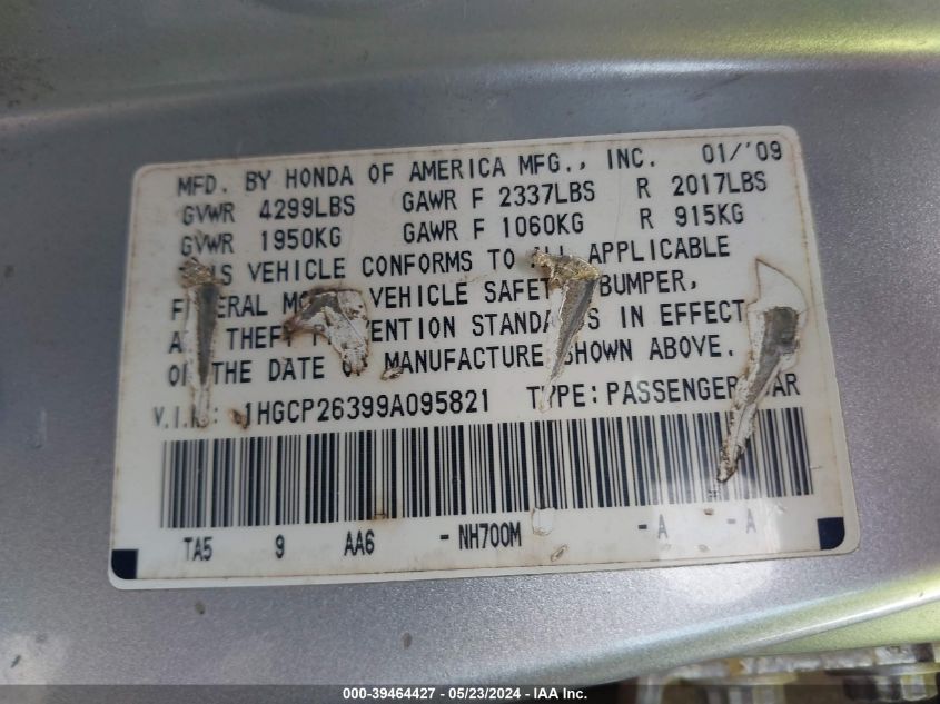 2009 Honda Accord 2.4 Lx VIN: 1HGCP26399A095821 Lot: 39464427