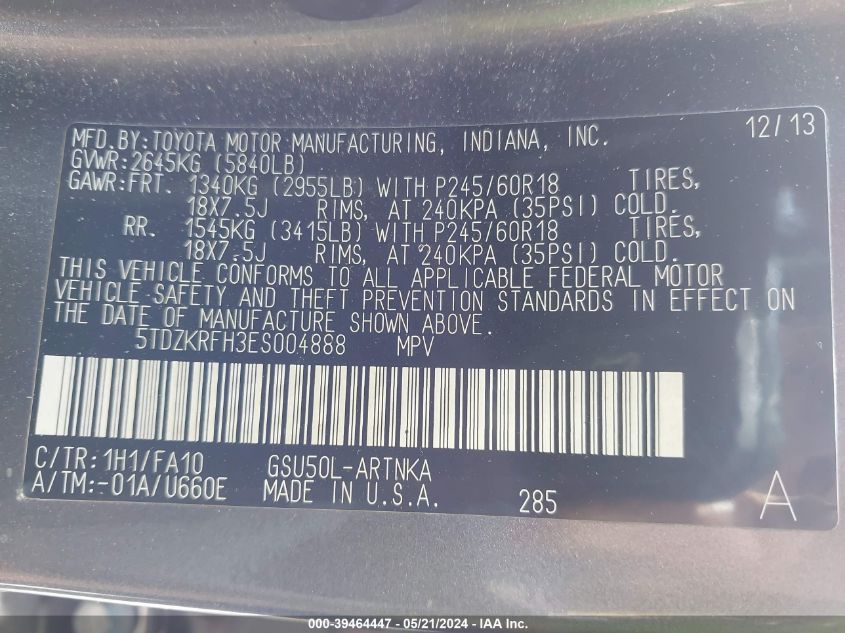 2014 Toyota Highlander Le Plus V6 VIN: 5TDZKRFH3ES004888 Lot: 39464447