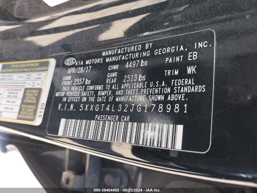 2018 Kia Optima Lx VIN: 5XXGT4L32JG178981 Lot: 39464455