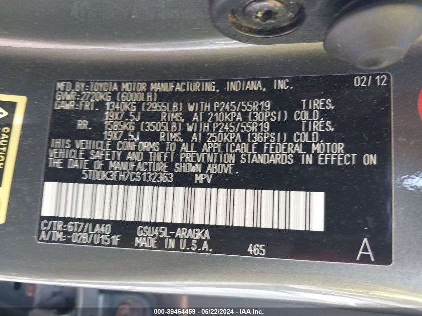 2012 Toyota Highlander Limited V6 VIN: 5TDDK3EH7CS132363 Lot: 39464459