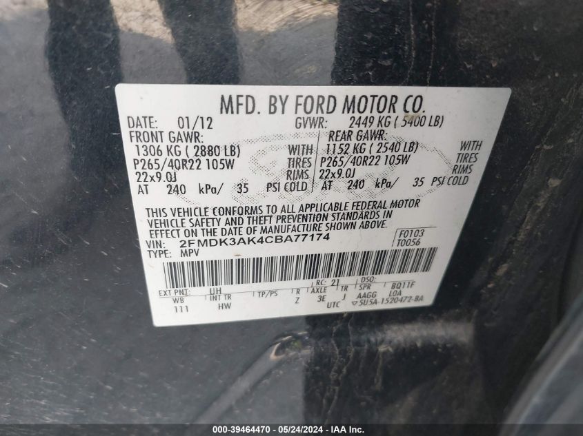 2012 Ford Edge Sport VIN: 2FMDK3AK4CBA77174 Lot: 39464470