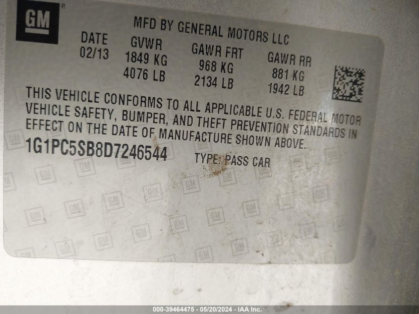 2013 Chevrolet Cruze 1Lt Auto VIN: 1G1PC5SB8D7246544 Lot: 39464475