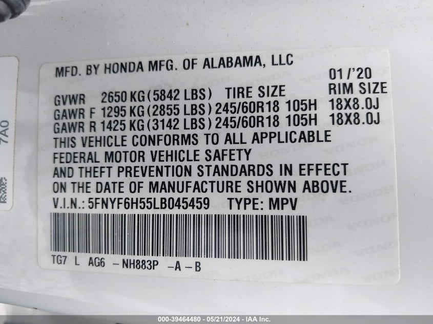 VIN 5FNYF6H55LB045459 2020 HONDA PILOT AWD EX-L