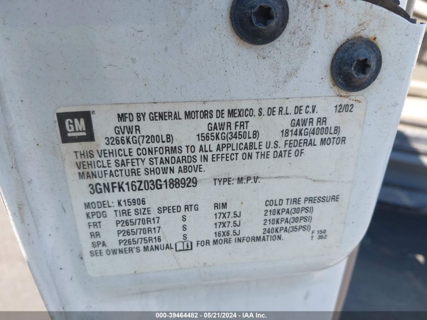 2003 Chevrolet Suburban 1500 Z71 VIN: 3GNFK16Z03G188929 Lot: 39464482