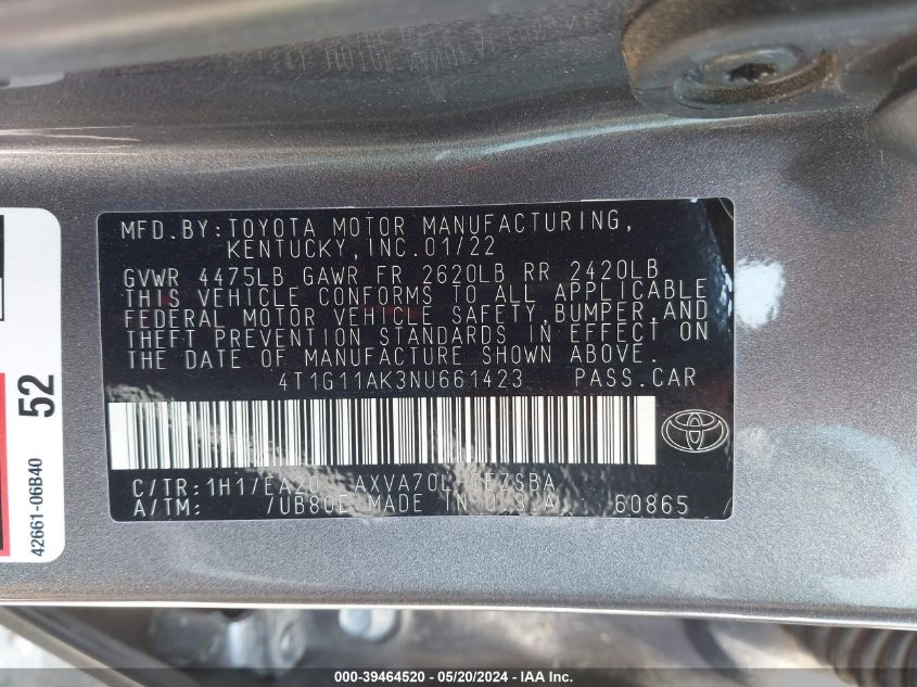 2022 Toyota Camry Se VIN: 4T1G11AK3NU661423 Lot: 39464520