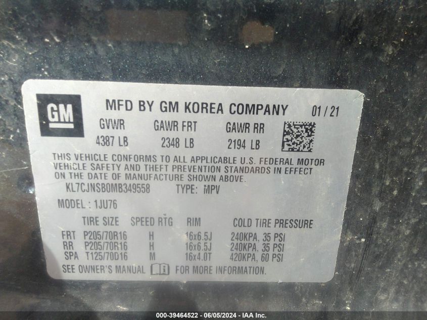 2021 Chevrolet Trax Awd Ls VIN: KL7CJNSB0MB349558 Lot: 39464522