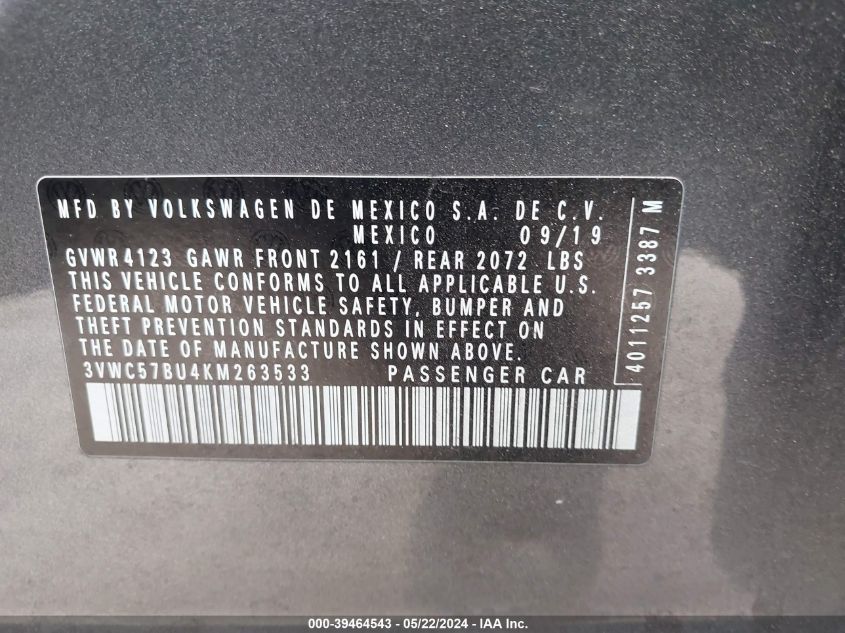 2019 Volkswagen Jetta 1.4T R-Line/1.4T S/1.4T Se VIN: 3VWC57BU4KM263533 Lot: 39464543