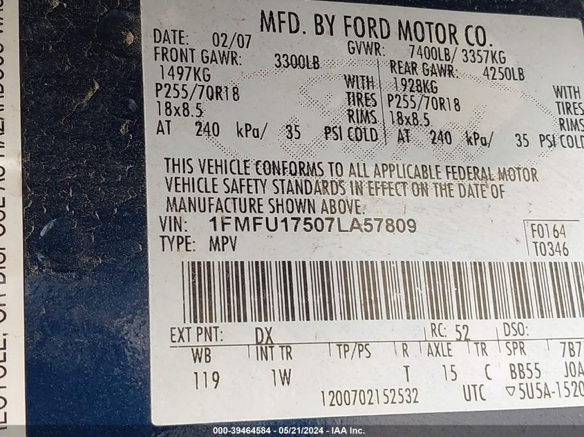 2007 Ford Expedition Eddie Bauer VIN: 1FMFU17507LA57809 Lot: 39464584