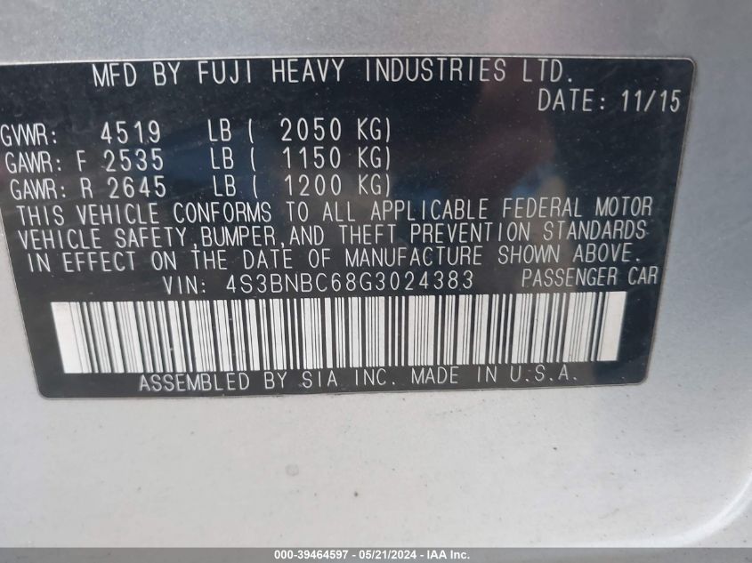 2016 Subaru Legacy 2.5I Premium VIN: 4S3BNBC68G3024383 Lot: 39464597