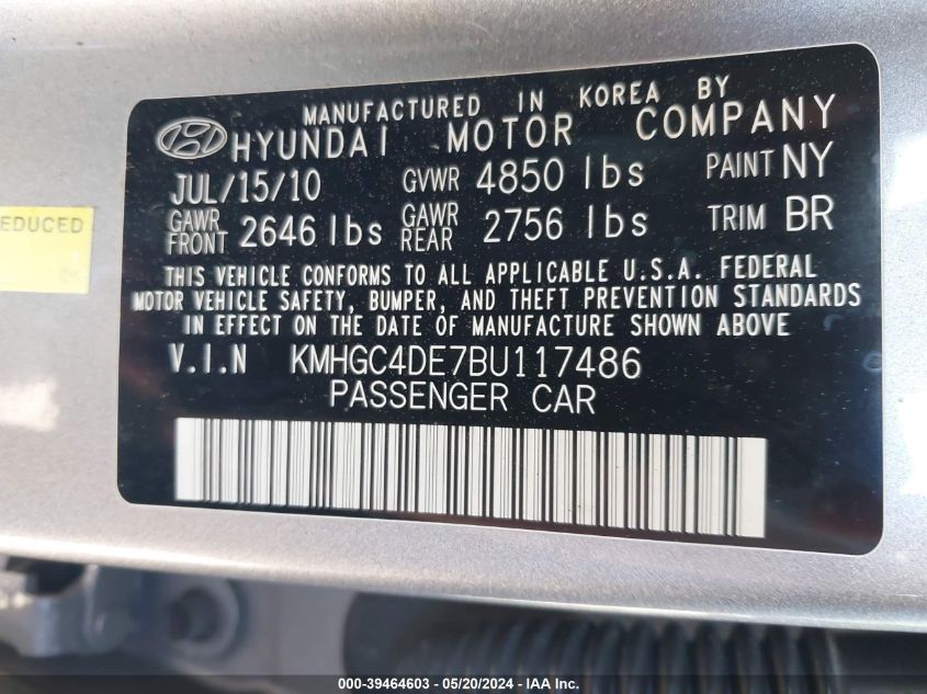 2011 Hyundai Genesis 3.8 VIN: KMHGC4DE7BU117486 Lot: 39464603