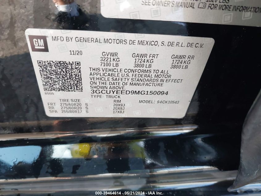 2021 Chevrolet Silverado 1500 4Wd Short Bed Rst VIN: 3GCUYEED9MG150094 Lot: 39464614