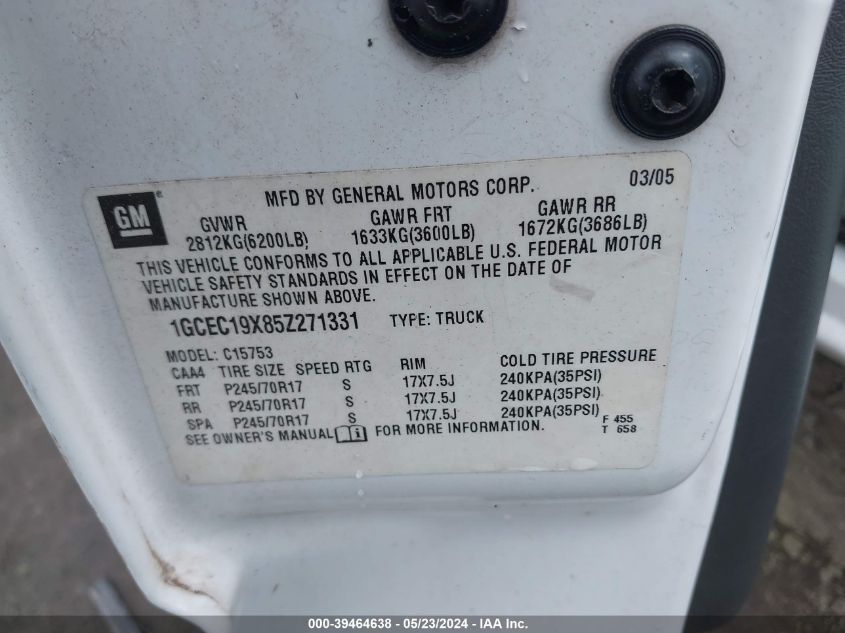 2005 Chevrolet Silverado 1500 Work Truck VIN: 1GCEC19X85Z271331 Lot: 39464638