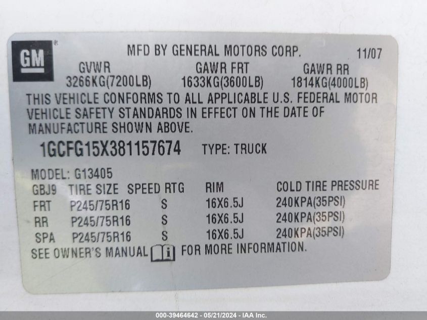 2008 Chevrolet Express Work Van VIN: 1GCFG15X381157674 Lot: 39464642