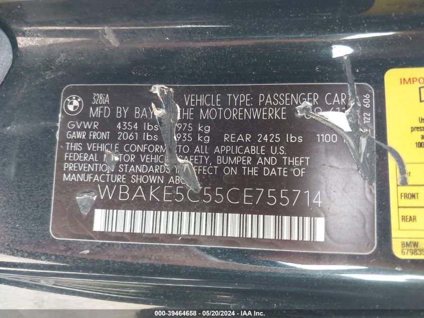 2012 BMW 328I I Sulev VIN: WBAKE5C55CE755714 Lot: 39464658