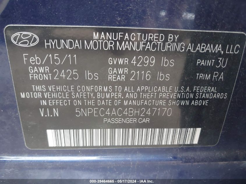 2011 Hyundai Sonata Se VIN: 5NPEC4AC4BH247170 Lot: 39464665