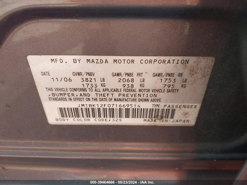 2007 Mazda Mazda3 I VIN: JM1BK12F071669514 Lot: 39464666