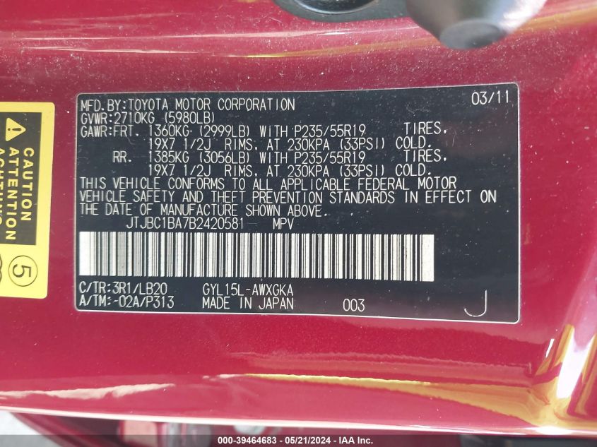 2011 Lexus Rx 450H VIN: JTJBC1BA7B2420581 Lot: 39464683