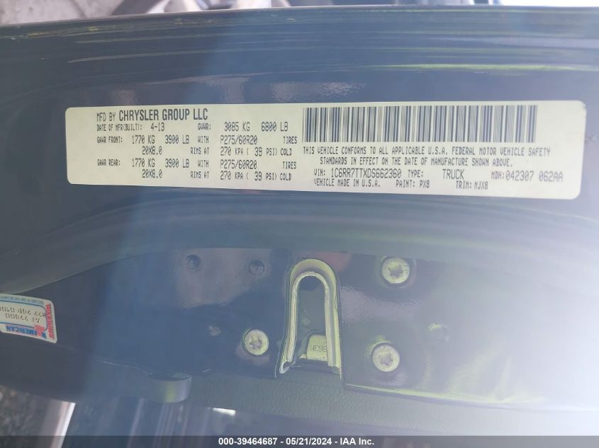 2013 Ram 1500 Lone Star VIN: 1C6RR7TTXDS662360 Lot: 39464687