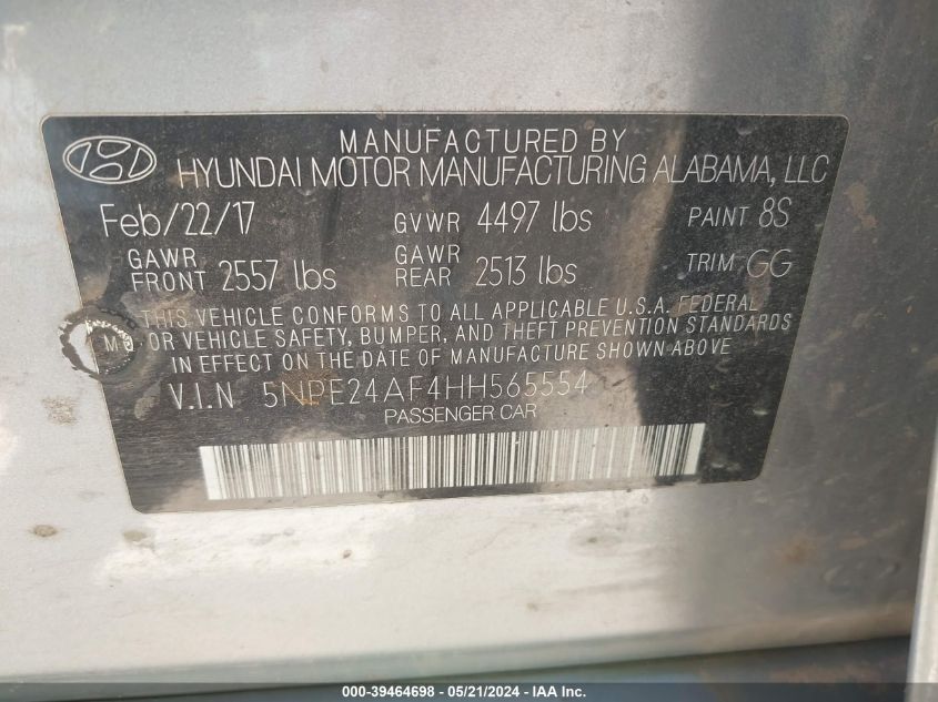 2017 Hyundai Sonata VIN: 5NPE24AF4HH565554 Lot: 39464698