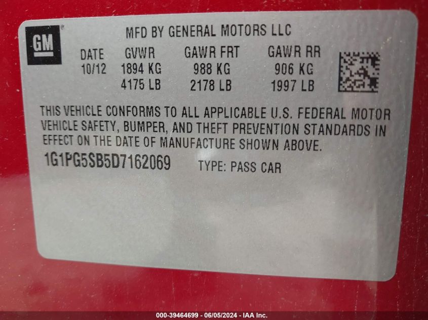 2013 Chevrolet Cruze Ltz VIN: 1G1PG5SB5D7162069 Lot: 39464699