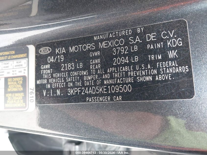 2019 Kia Forte Lxs VIN: 3KPF24AD5KE109500 Lot: 39464713