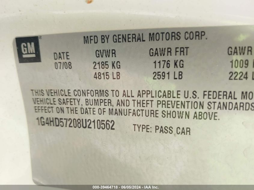 2008 Buick Lucerne Cxl VIN: 1G4HD57208U210562 Lot: 39464718