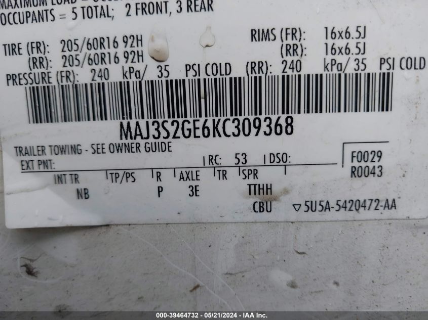 2019 Ford Ecosport Se VIN: MAJ3S2GE6KC309368 Lot: 39464732