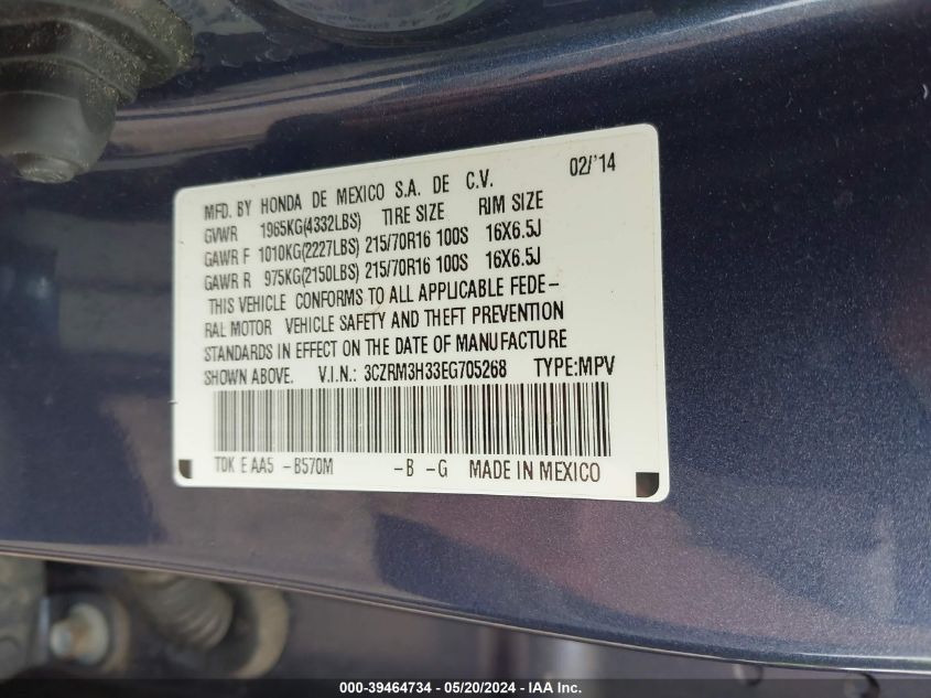 2014 Honda Cr-V Lx VIN: 3CZRM3H33EG705268 Lot: 39464734