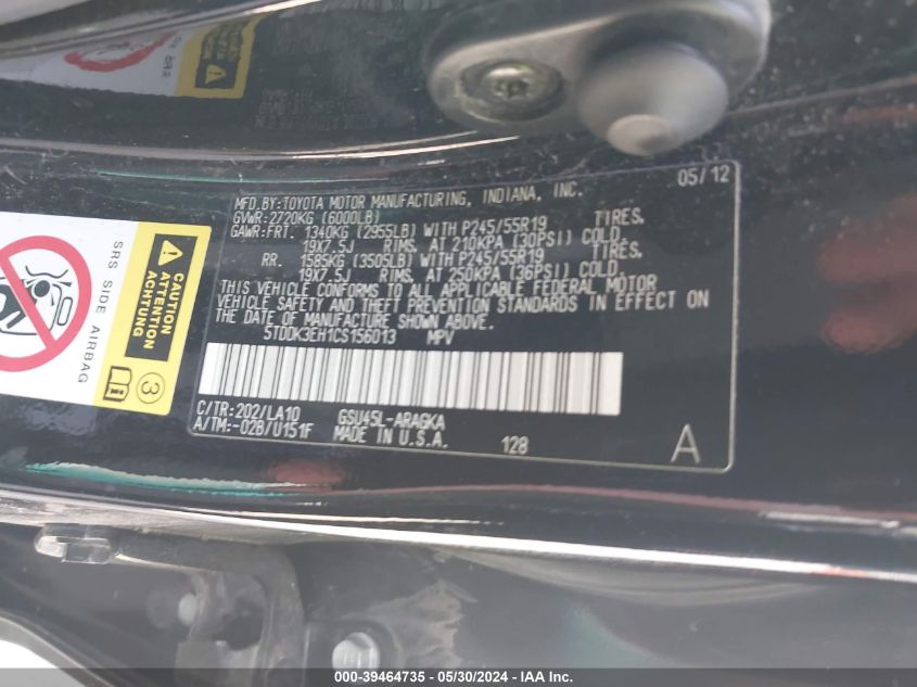 2012 Toyota Highlander Limited V6 VIN: 5TDDK3EH1CS156013 Lot: 39464735