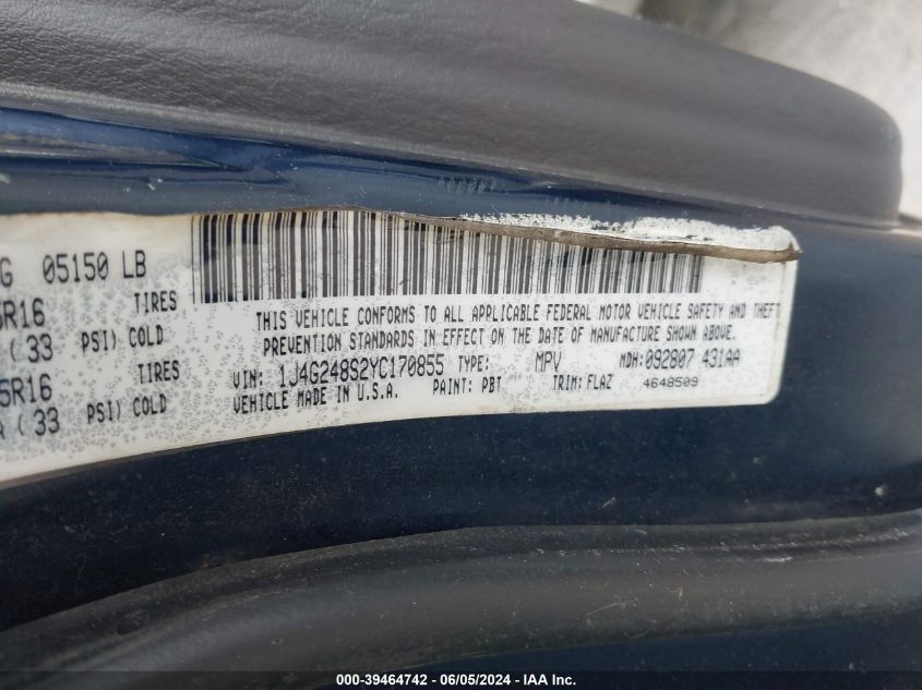 2000 Jeep Grand Cherokee Laredo VIN: 1J4G248S2YC170855 Lot: 39464742