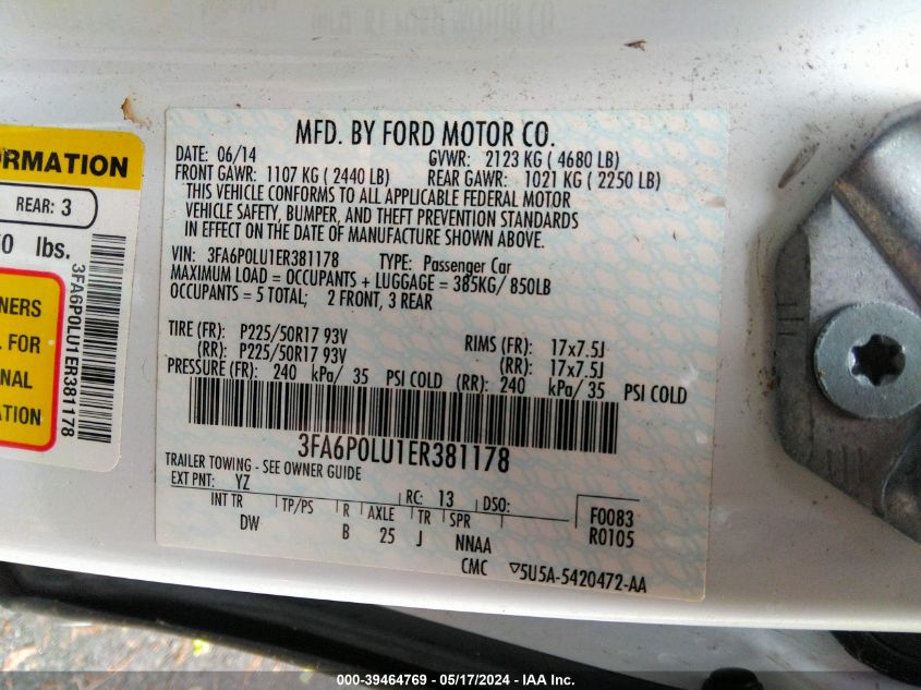 3FA6P0LU1ER381178 | 2014 FORD FUSION HYBRID