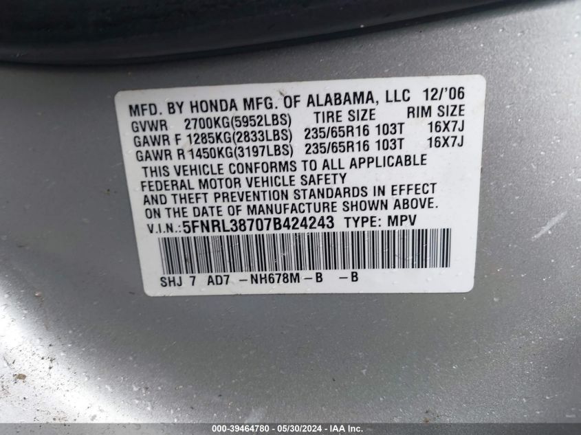 2007 Honda Odyssey Ex-L VIN: 5FNRL38707B424243 Lot: 39464780
